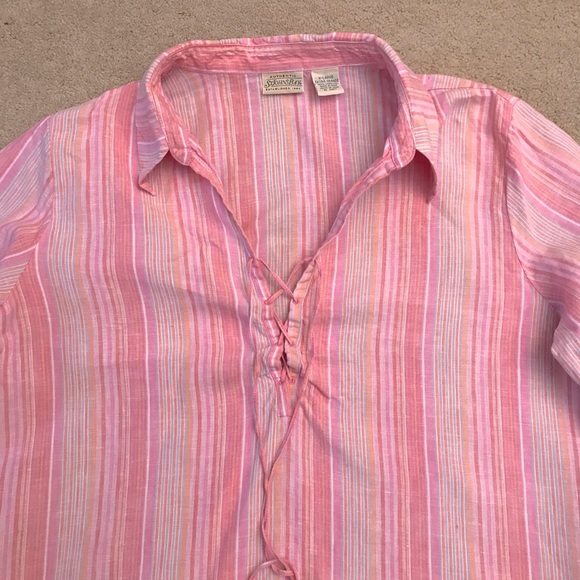 St Johns Bay Linen Top Womens Size XL Extra Large Pink Candy Stripe Relaxed Fit - Picture 2 of 9